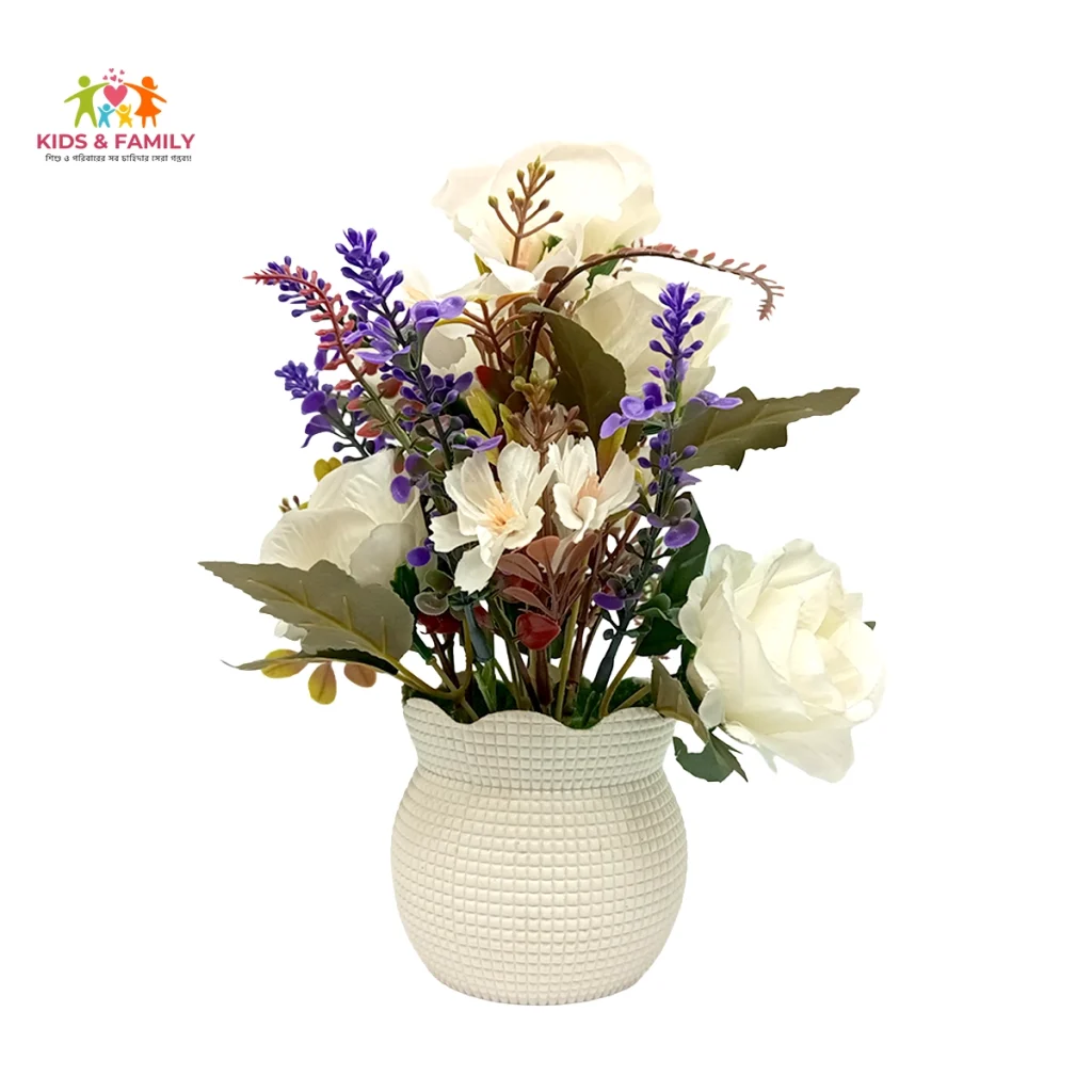 artificial flower vase Bangladesh, mixed flower arrangement BD, white flower decor Bangladesh, purple accent flower decor, decorative flower vase BD, home decoration flower Bangladesh, artificial bouquet with vase, table top flower decoration BD, office desk flower decor Bangladesh, premium artificial flower arrangement, indoor decorative flower BD, maintenance free flower vase