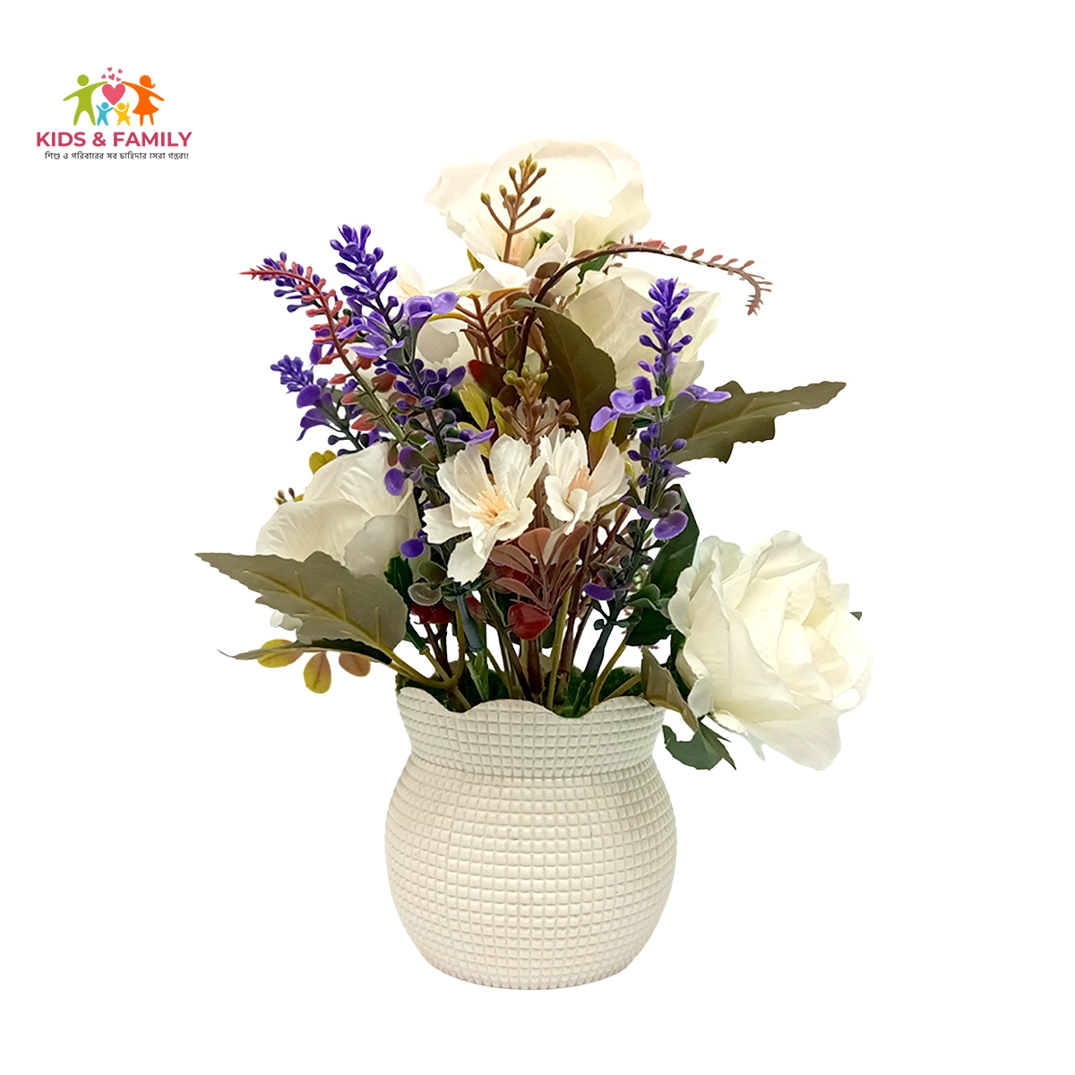 Artificial Mixed Flower Arrangement with Decorative Vase – Elegant Home Décor artificial flower vase Bangladesh, mixed flower arrangement BD, white flower decor Bangladesh, purple accent flower decor, decorative flower vase BD, home decoration flower Bangladesh, artificial bouquet with vase, table top flower decoration BD, office desk flower decor Bangladesh, premium artificial flower arrangement, indoor decorative flower BD, maintenance free flower vase