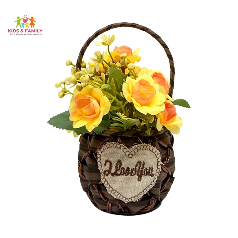 artificial flower basket Bangladesh, rose flower basket decor BD, yellow orange artificial flower, decorative flower basket BD, gift flower basket Bangladesh, home decoration flower basket BD, table top flower decor Bangladesh, artificial rose arrangement BD, romantic gift decor item, small home decor gift BD, indoor decorative flower basket, maintenance free artificial flower
