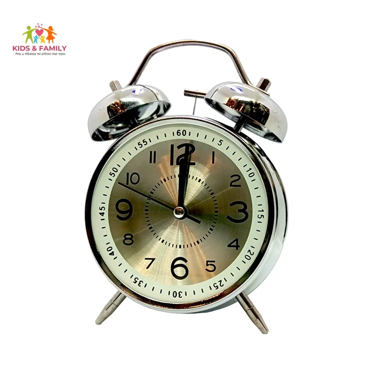 metal twin bell alarm clock Bangladesh, classic alarm clock BD, loud ring alarm clock Bangladesh, silver table clock BD, retro alarm clock Bangladesh, bedside alarm clock BD, student alarm clock Bangladesh