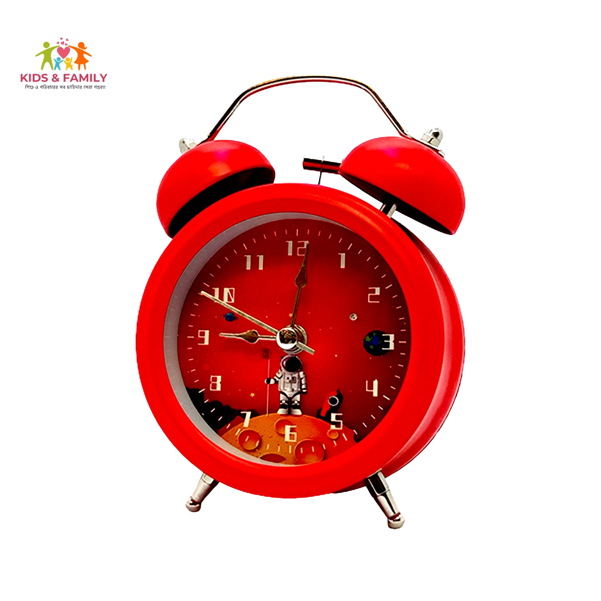 Kids Space Theme Twin Bell Alarm Clock – Red Astronaut Table Clock kids space alarm clock Bangladesh, astronaut alarm clock BD, red twin bell clock Bangladesh, kids bedside clock BD, children table clock Bangladesh, loud alarm clock for kids BD, gift clock for kids Bangladesh